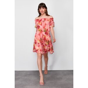 Trendyol Pink Floral Print Skirt Waist Opening Gipe Detailed Woven Mini Dress