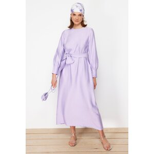 Trendyol Lilac Wide Belted Zipper Cuff Woven Linen Look Dress