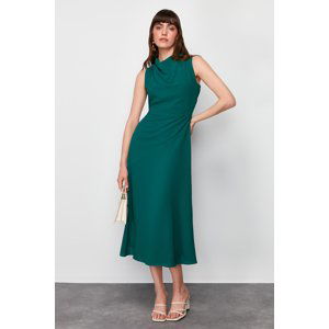 Trendyol Emerald Green Degaje Collar Skirt Cut Detail Woven Midi Dress