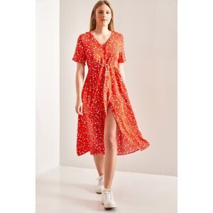 Bianco Lucci Women's Floral Patterned Dress with Buttons at the Front and Belted Waist