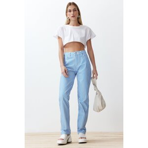 Trendyol Light Blue Striped High Waist Straight Jeans