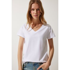 Happiness İstanbul Women's White V Neck Basic Knitted T-Shirt