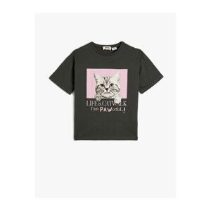 Koton Oversized T-Shirt Short Sleeved Crew Neck Cat Printed Cotton