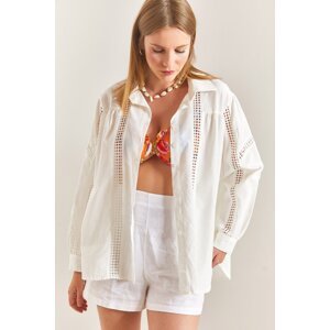 Bianco Lucci Women's Lace Patterned Linen Shirt.