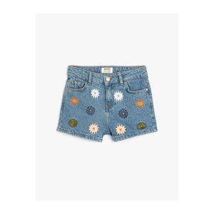 Koton Denim Shorts Floral Embroidered Cotton