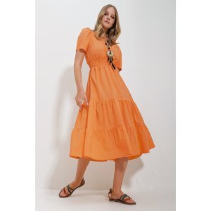 Trend Alaçatı Stili Women's Orange Double Breasted Waist Gimped Walloon Woven Poplin Dress