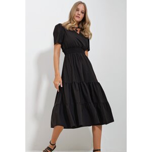 Trend Alaçatı Stili Women's Black Double Breasted Waist Guiped Flounced Woven Poplin Dress