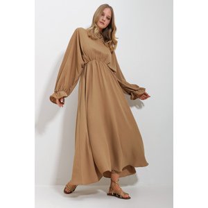 Trend Alaçatı Stili Women Camel Crew Neck Balloon Sleeve Aerobin Fabric Maxi Length Dress