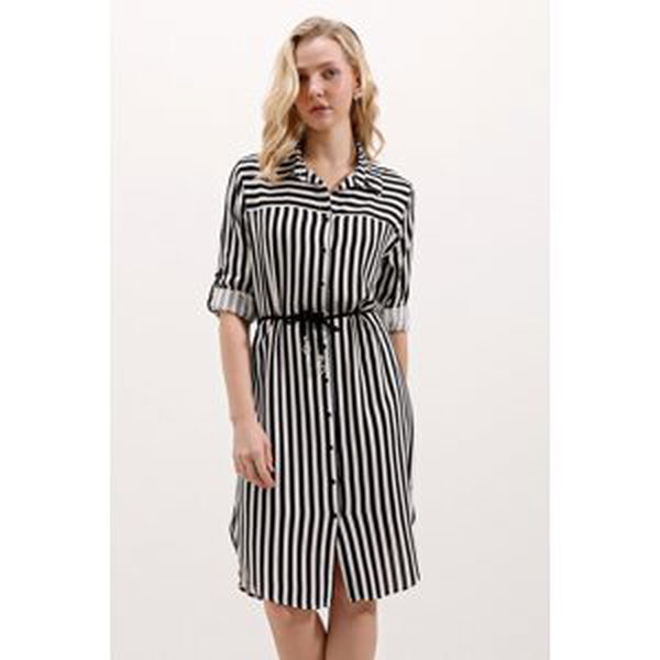 Bigdart 5629 Striped Belted Dress - Black