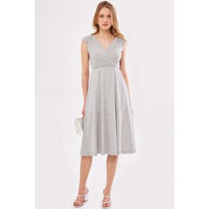 armonika Women's Gray Elastic Waist And Shoulder Skirt Lined Double Breasted Neck Midi Length Dress