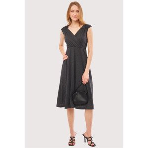 armonika Women's Smoky Waist And Shoulder Elastic Skirt Lined Double Breasted Neck Midi Length Dress