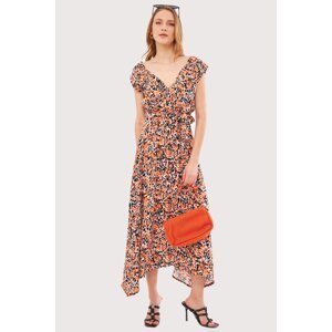 armonika Women's Orange Efta Dress Back And Front Double Double Breasted Belted Patterned Midi Length