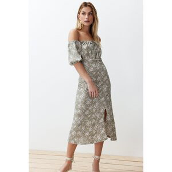 Trendyol Mint Printed Slit Carmen Collar Gathered Textured Stretch Knitted Maxi Dress
