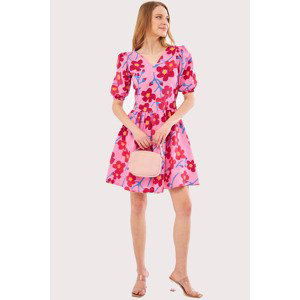 armonika Women's Pink Front Back V Neck Balloon Sleeve Belt Detailed Patterned Mini Dress