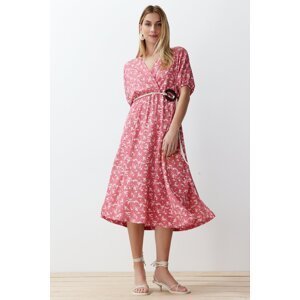 Trendyol Pink Printed Accessory Belt Detailed Gathered Flexible Knitted Maxi Dress