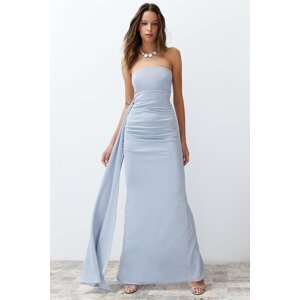 Trendyol Blue Sparkly Knitted Long Evening Evening Dress
