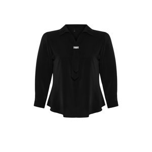 Trendyol Curve Black Woven Plus Size Stone Shirt Collar Blouse