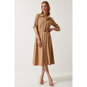 Happiness İstanbul Women Camel Belted Shirt Dress