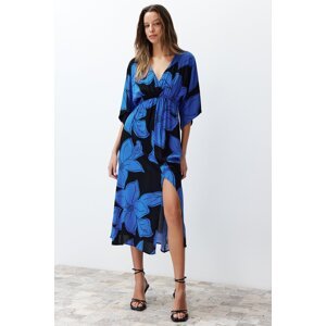 Trendyol Blue Floral Pattern A-Line Double Breasted Neck Midi Woven Midi Woven Midi Dress