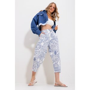 Trend Alaçatı Stili Women's Light Blue Patterned Wide Linen Trousers