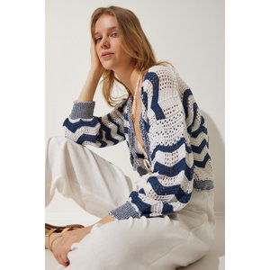 Happiness İstanbul Women's Cream Navy Blue Striped Openwork Seasonal Knitwear Cardigan