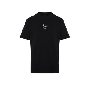 Trendyol Black Regular/Regular Fit Wolf Embroidered 100% Cotton T-Shirt