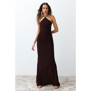 Trendyol Brown Fitted Long Evening Dress