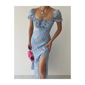 Laluvia Blue Floral Patterned Slit Dress