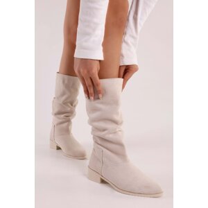 Shoeberry Women's Jerica Beige Suede Bellows Plain Boots Beige Suede