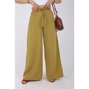 Laluvia Olive Linen Wide Leg Front Crochet Trousers