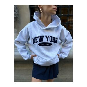 Laluvia Gray Melange Premium Cotton New York Print Hooded Sweatshirt