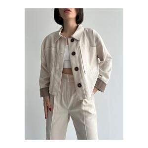 Laluvia Stone Color 100% Cotton Line Detailed Lined Gabardine Jacket-Pants Suit