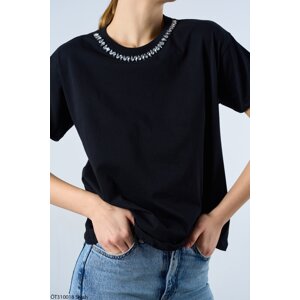 Laluvia Black 100% Cotton Collar Stone Detailed T-shirt