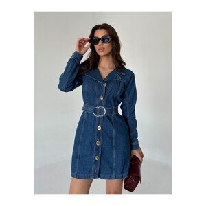 Laluvia Blue Gold Button Detailed Belted Jean Dress