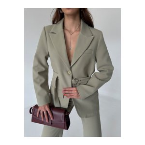 Laluvia Light Khaki Design Belted Blazer Jacket