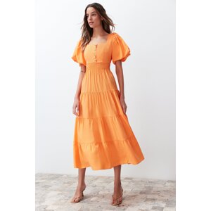 Trendyol Orange Waist Opening Gipe and Back Detailed Square Collar Woven Dress