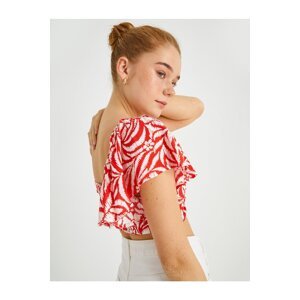 Koton Ruffled Crop Blouse with Shirring Detail Short Sleeves.