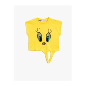 Koton Tweety Licensed T-Shirt. Sequined Embroidered Short Sleeves with Tie Waist Crewneck.