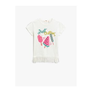 Koton Ice Cream Print Short Sleeved T-Shirt. Crewneck Tassels Cotton.