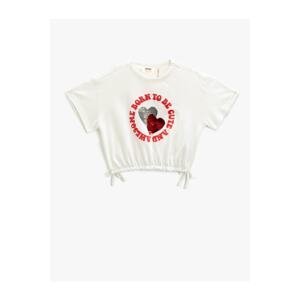 Koton Crop T-Shirt Elastic Waist Tie Stamp Embroidered Short Sleeve