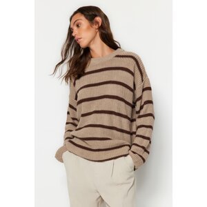 Trendyol béžový široký strih pruhovaný pletený sveter