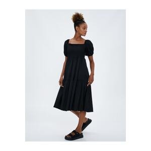 Koton Gimped Balloon Sleeves Square Neckline Relaxed Fit Midi Dress