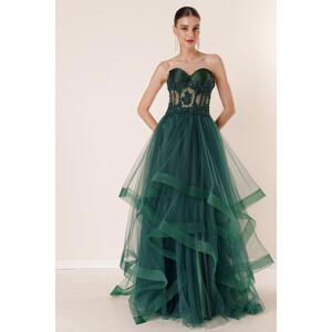 By Saygı Beaded Embroidered Transparent Layered Tulle Taffeta Long Evening Dress