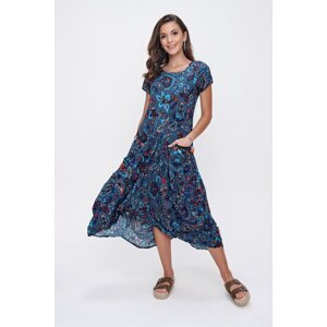 By Saygı Floral Pattern Tasseled Double Pocketed Asymmetrical Dress Blue