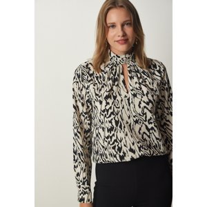 Happiness İstanbul Women's Cream Black Window Detailed Patterned Woven Blouse