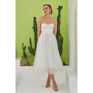 Carmen Ecru Tulle Strap Princess Midi Prom and Wedding Dress