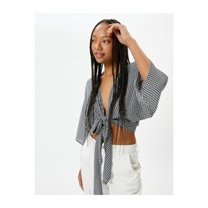 Koton Oversize Crop Kimono Blouse Double Breasted Wide 3/4 Sleeve Crow's Foot Patterned Tie Detailed