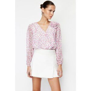 Trendyol Pink Crop Lined Rose Detailed Floral Chiffon Woven Blouse