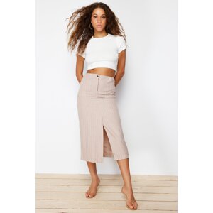 Trendyol Beige Striped Slit Detail A-line Midi Length Woven Skirt