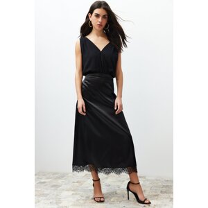 Trendyol Black Satin Skirt with Lace Detail Midi Woven Skirt